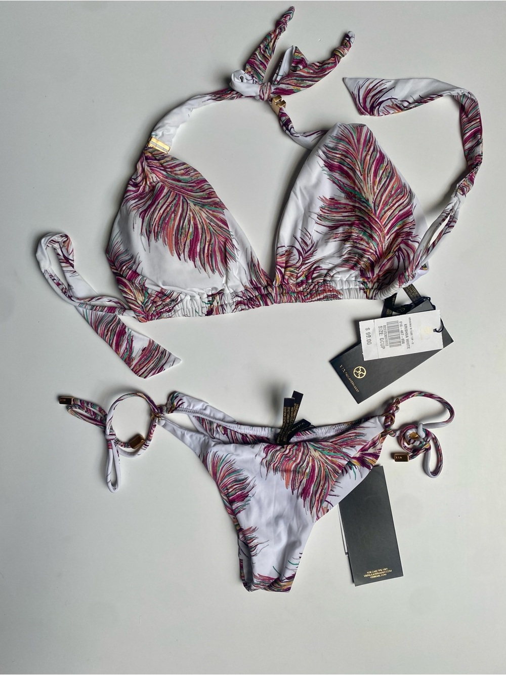 White Feather-Print Tie Bikini Top & Bottom Set (small bottom and DCup top)